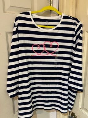 Navy & White Striped Women’s Long Sleeve Top with Pink Heart Detail